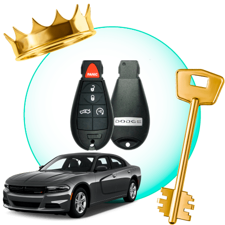 A Circle With Dodge Car Keys, Surrounded By A Dodge Vehicle, A Gold Crown, And A Master Key.