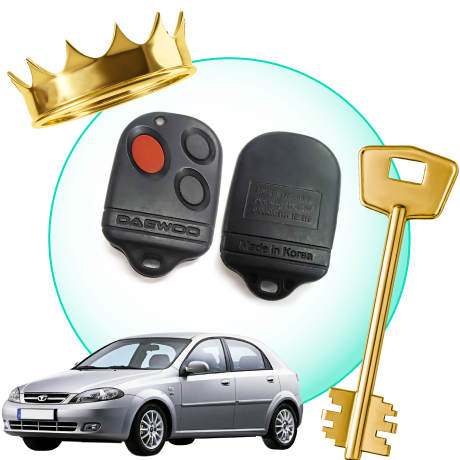 A Circle With Daewoo Car Keys, Surrounded By A Daewoo Vehicle, A Gold Crown, And A Master Key.