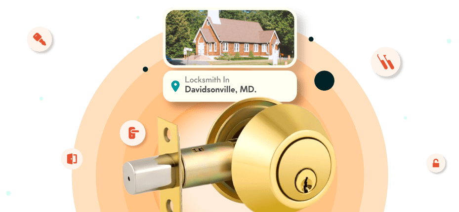 A Framed Picture Of Davidsonville City In Anne Arundel County Is Displayed Above A Golden, Double-Cylinder Deadbolt Lock.
