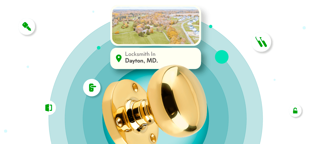A Framed View Of Dayton City In Howard County Is Displayed Above A Bright Brass Entry Door Knob.