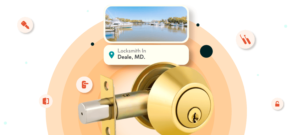 A Framed Picture Of Deale City In Anne Arundel County Is Displayed Above A Golden, Double-Cylinder Deadbolt Lock.