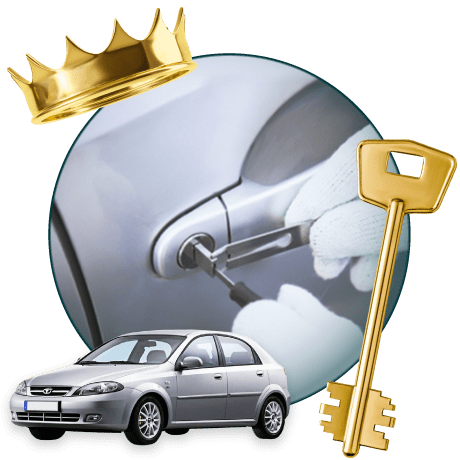 Round Image Of A Locksmith Unlocking A Car, Encircled By A Daewoo Vehicle, Gold Crown, And Master Key.
