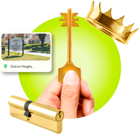 A Locksmith's Hand Holding A Gold Master Key Near A Gold Crown, A Golden Cylinder Lock, And An Image Of District Heights In Prince George's County.
