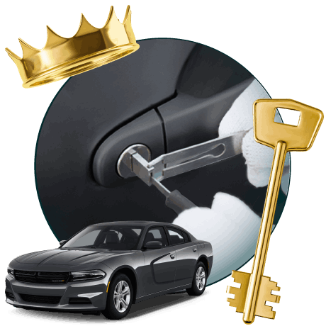 Round Image Of A Locksmith Unlocking A Car, Encircled By A Dodge Vehicle, Gold Crown, And Master Key.