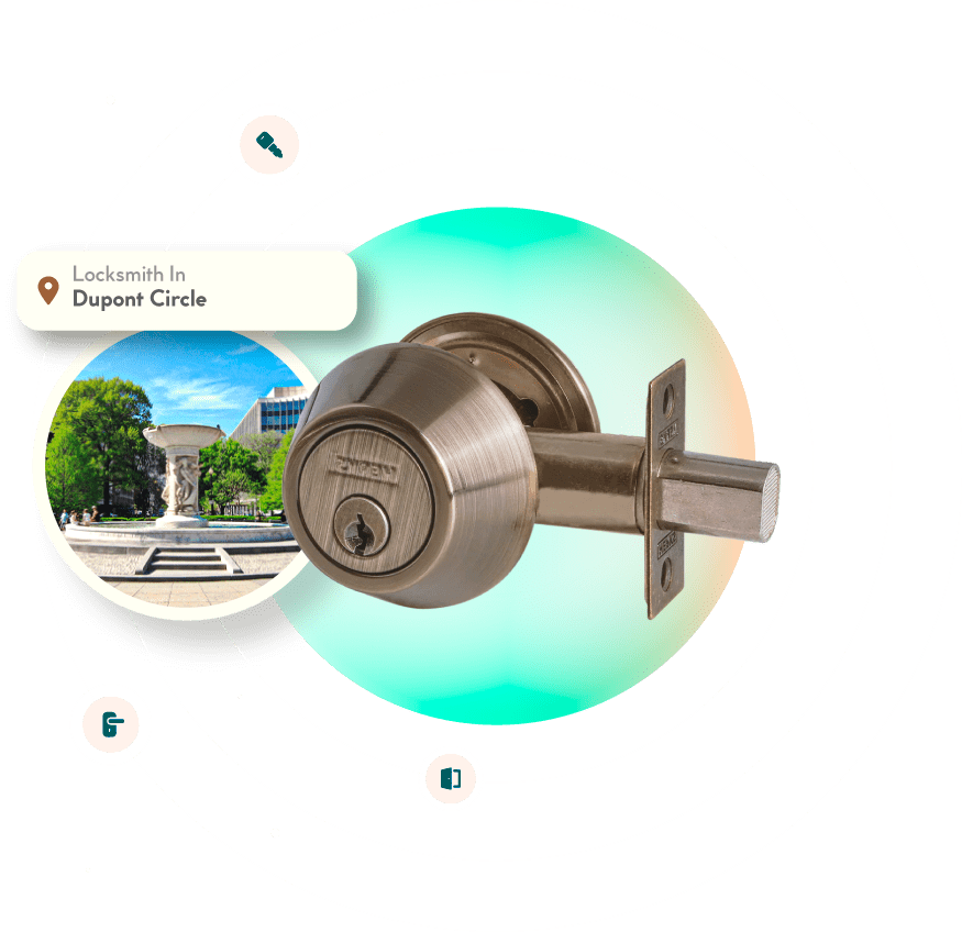 A Chrome Deadbolt With A Picture Of The Dupont Circle Neighborhood In Washington, DC, In The Background.