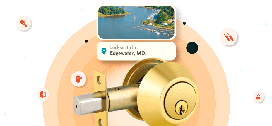 A Framed Picture Of Edgewater City In Anne Arundel County Is Displayed Above A Golden, Double-Cylinder Deadbolt Lock.