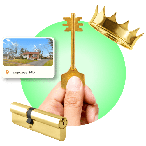 Locksmith Hand With Master Key Near A Gold Crown, A Brass Lock Cylinder, And A Framed Edgewood City Photo In Harford County.