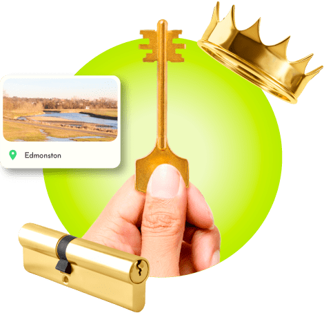 A Locksmith's Hand Holding A Gold Master Key Near A Gold Crown, A Golden Cylinder Lock, And An Image Of Edmonston In Prince George's County.