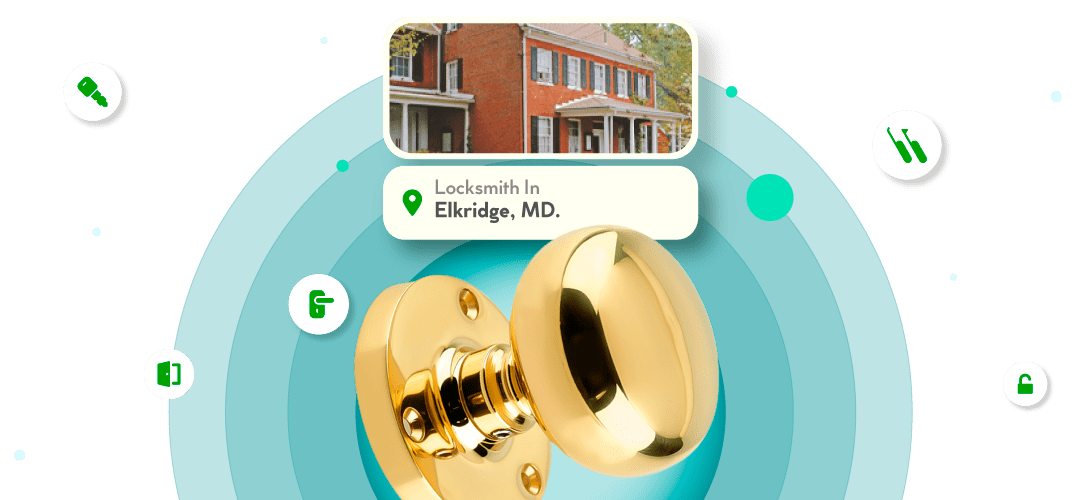 A Framed View Of Elkridge City In Howard County Is Displayed Above A Bright Brass Entry Door Knob.