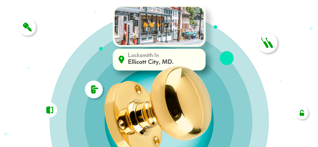 A Framed View Of Ellicott City City In Howard County Is Displayed Above A Bright Brass Entry Door Knob.