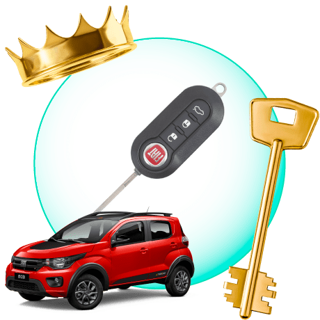 A Circle With Fiat Car Keys, Surrounded By A Fiat Vehicle, A Gold Crown, And A Master Key.