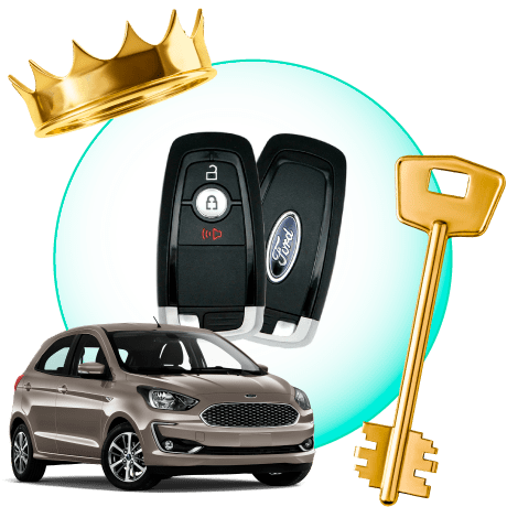 A Circle With Ford Car Keys, Surrounded By A Ford Vehicle, A Gold Crown, And A Master Key.