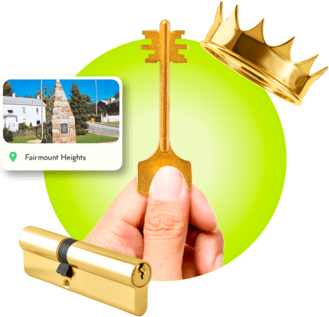A Locksmith's Hand Holding A Gold Master Key Near A Gold Crown, A Golden Cylinder Lock, And An Image Of Fairmount Heights In Prince George's County.