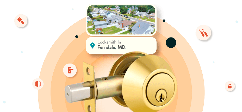 A Framed Picture Of Ferndale City In Anne Arundel County Is Displayed Above A Golden, Double-Cylinder Deadbolt Lock.