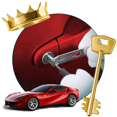 Round Image Of A Locksmith Unlocking A Car, Encircled By A Ferrari Vehicle, Gold Crown, And Master Key.