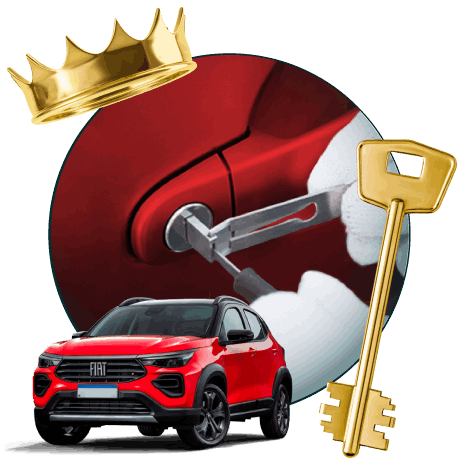 Round Image Of A Locksmith Unlocking A Car, Encircled By A Fiat Vehicle, Gold Crown, And Master Key.