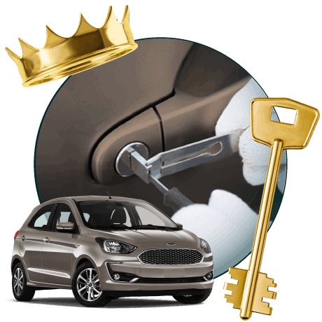 Round Image Of A Locksmith Unlocking A Car, Encircled By A Ford Vehicle, Gold Crown, And Master Key.