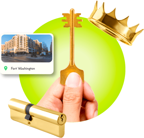 A Locksmith's Hand Holding A Gold Master Key Near A Gold Crown, A Golden Cylinder Lock, And An Image Of Fort Washington In Prince George's County.