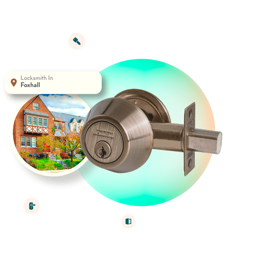 A Chrome Deadbolt With A Picture Of The Foxhall Neighborhood In Washington, DC, In The Background.