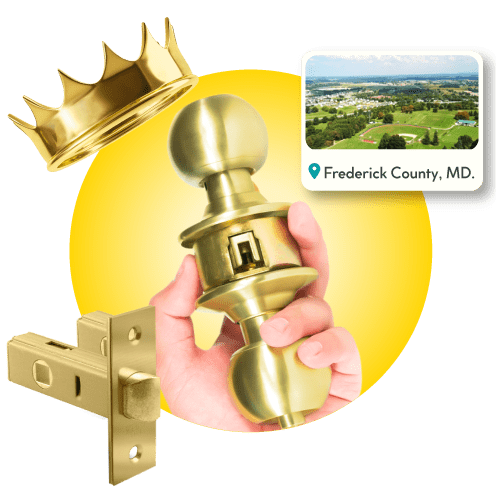Locksmith Holding Brass Cylindrical Door Knob Lock, Paired With Golden Tubular Mortise Latch, Crown, And Framed Frederick County Cityscape.