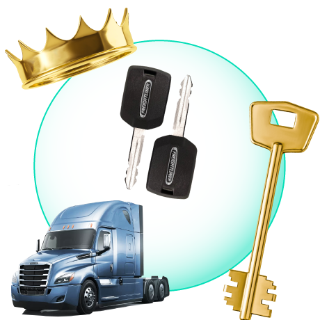 A Circle With Freightliner Car Keys, Surrounded By A Freightliner Vehicle, A Gold Crown, And A Master Key.