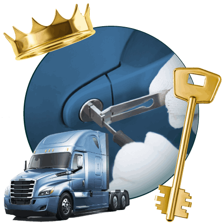 Round Image Of A Locksmith Unlocking A Car, Encircled By A Freightliner Vehicle, Gold Crown, And Master Key.