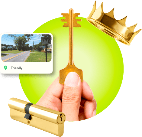A Locksmith's Hand Holding A Gold Master Key Near A Gold Crown, A Golden Cylinder Lock, And An Image Of Friendly In Prince George's County.