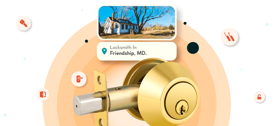 A Framed Picture Of Friendship City In Anne Arundel County Is Displayed Above A Golden, Double-Cylinder Deadbolt Lock.