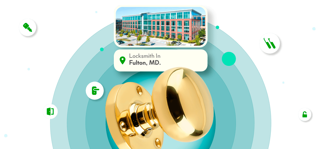 A Framed View Of Fulton City In Howard County Is Displayed Above A Bright Brass Entry Door Knob.