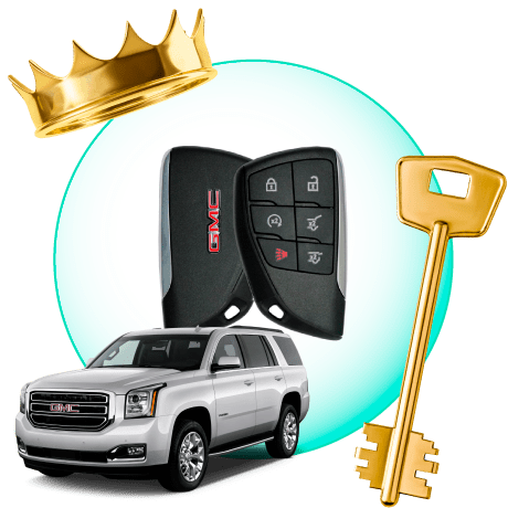 A Circle With GMC Car Keys, Surrounded By A GMC Vehicle, A Gold Crown, And A Master Key.