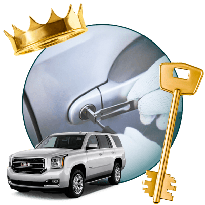Round Image Of A Locksmith Unlocking A Car, Encircled By A GMC Vehicle, Gold Crown, And Master Key.