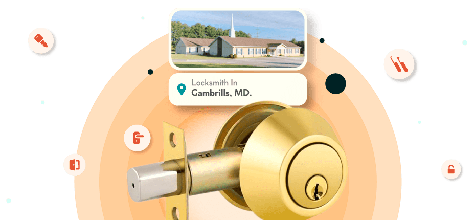 A Framed Picture Of Gambrills City In Anne Arundel County Is Displayed Above A Golden, Double-Cylinder Deadbolt Lock.