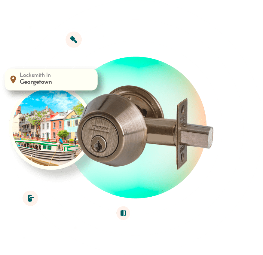 A Chrome Deadbolt With A Picture Of The Georgetown Neighborhood In Washington, DC, In The Background.