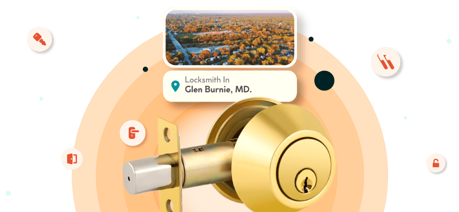 A Framed Picture Of Glen Burnie City In Anne Arundel County Is Displayed Above A Golden, Double-Cylinder Deadbolt Lock.