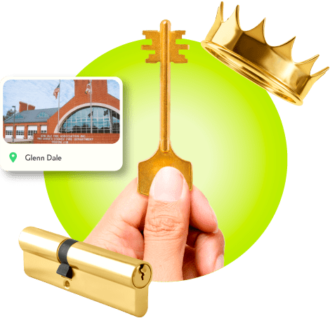 A Locksmith's Hand Holding A Gold Master Key Near A Gold Crown, A Golden Cylinder Lock, And An Image Of Glenn Dale In Prince George's County.