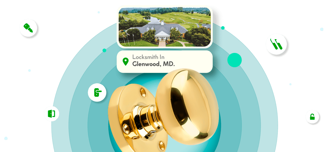 A Framed View Of Glenwood City In Howard County Is Displayed Above A Bright Brass Entry Door Knob.
