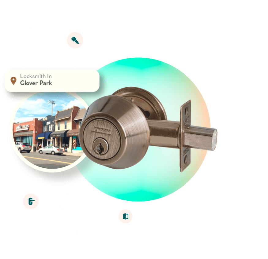 A Chrome Deadbolt With A Picture Of The Glover Park Neighborhood In Washington, DC, In The Background.