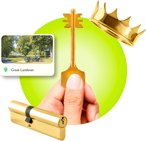 A Locksmith's Hand Holding A Gold Master Key Near A Gold Crown, A Golden Cylinder Lock, And An Image Of Great Landover In Prince George's County.