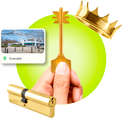 A Locksmith's Hand Holding A Gold Master Key Near A Gold Crown, A Golden Cylinder Lock, And An Image Of Greenbelt In Prince George's County.