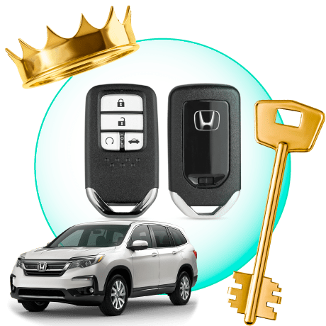 A Circle With Honda Car Keys, Surrounded By A Honda Vehicle, A Gold Crown, And A Master Key.