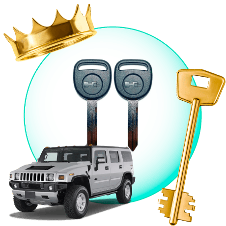 A Circle With Hummer Car Keys, Surrounded By A Hummer Vehicle, A Gold Crown, And A Master Key.