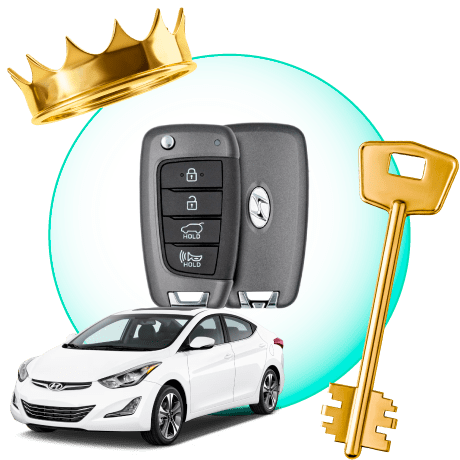 A Circle With Hyundai Car Keys, Surrounded By A Hyundai Vehicle, A Gold Crown, And A Master Key.