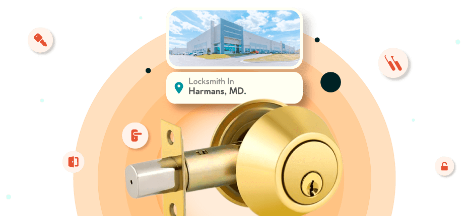 A Framed Picture Of Harmans City In Anne Arundel County Is Displayed Above A Golden, Double-Cylinder Deadbolt Lock.