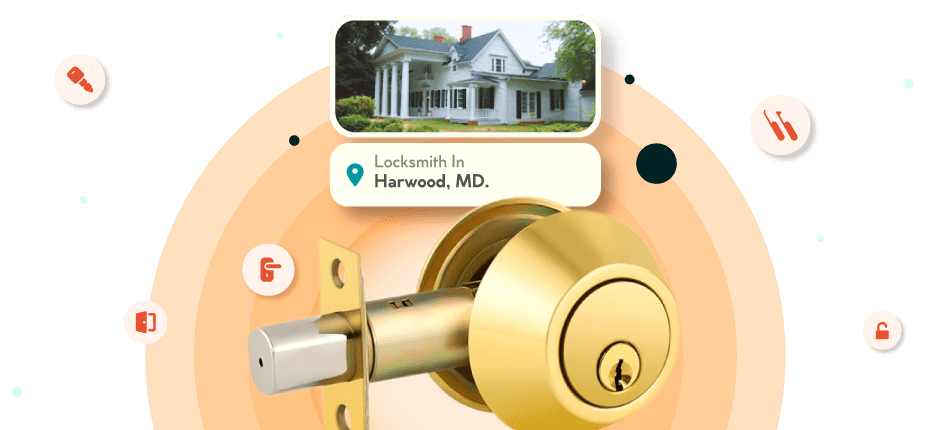 A Framed Picture Of Harwood City In Anne Arundel County Is Displayed Above A Golden, Double-Cylinder Deadbolt Lock.