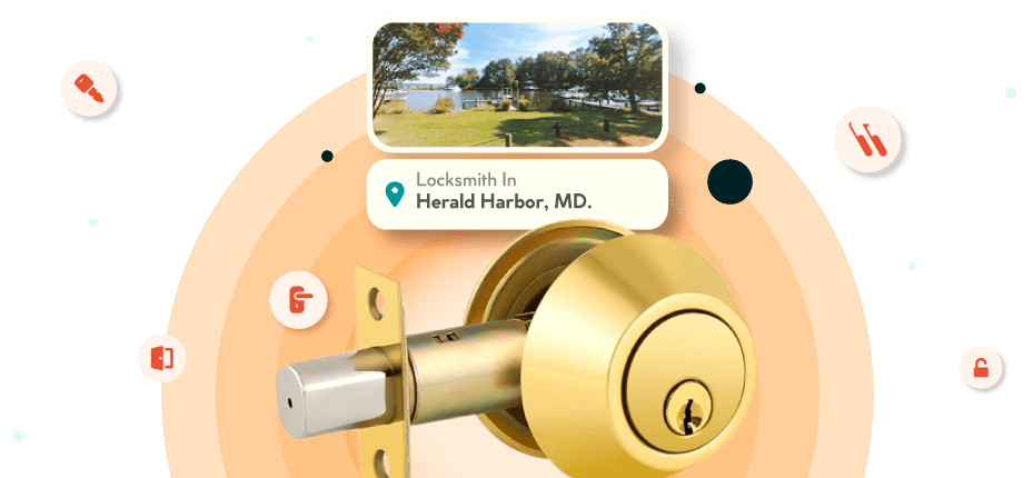 A Framed Picture Of Herald Harbor City In Anne Arundel County Is Displayed Above A Golden, Double-Cylinder Deadbolt Lock.