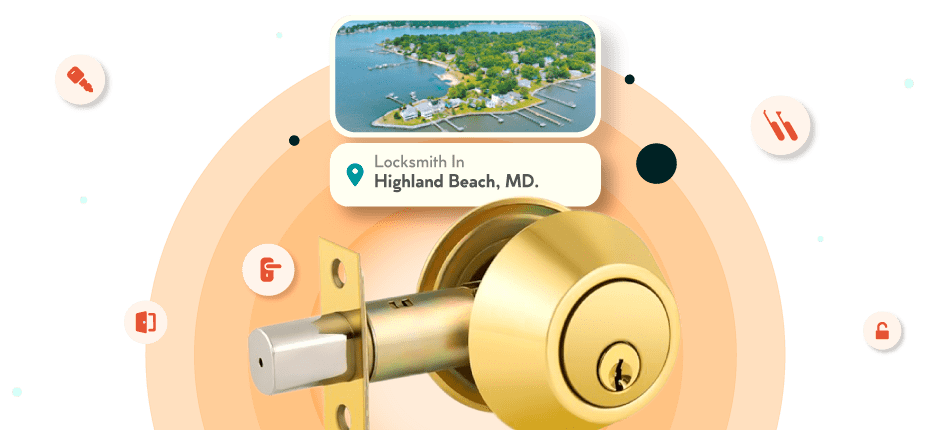 A Framed Picture Of Highland Beach City In Anne Arundel County Is Displayed Above A Golden, Double-Cylinder Deadbolt Lock.