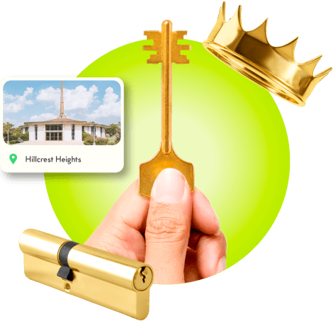 A Locksmith's Hand Holding A Gold Master Key Near A Gold Crown, A Golden Cylinder Lock, And An Image Of Hillcrest Heights In Prince George's County.