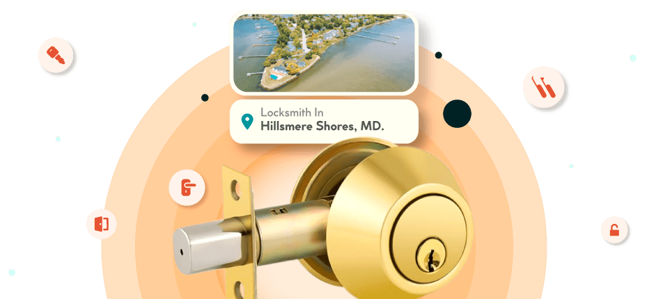 A Framed Picture Of Hillsmere Shores City In Anne Arundel County Is Displayed Above A Golden, Double-Cylinder Deadbolt Lock.