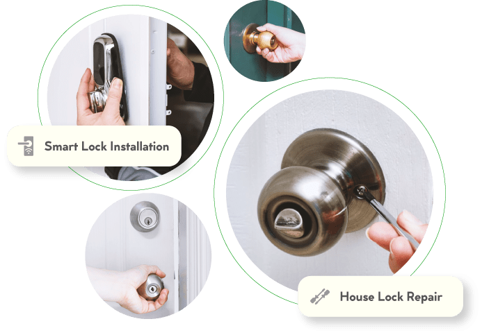 A Collage Of Residential Locksmith Services Including House Lockout Service, Smart Lock Installation, And Lock Repair Service.
