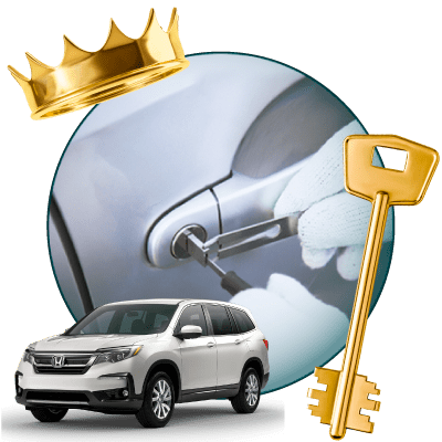 Round Image Of A Locksmith Unlocking A Car, Encircled By A Honda Vehicle, Gold Crown, And Master Key.